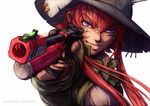  bandaid gun hat imizu_(nitro_unknown) long_hair original pink_eyes red_hair weapon white 