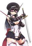  2016 beret black_hair black_hat black_skirt bow breasts cleavage covered_navel cowboy_shot cyborg dated hat highres kagaku_touki_silver_raina large_breasts leotard long_hair looking_at_viewer magical_girl mask mecha_musume mechanical_arm mechanical_arms miniskirt original pink_eyes red_bow reverse_grip signature skin_tight skirt smile solo sword thighhighs tokihama_jirou weapon white_background white_legwear 