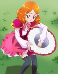  black_legwear blush grass haruyama_kazunori hat hat_removed headwear_removed kei_(mahou_girls_precure!) magic_school_uniform mahou_girls_precure! orange_hair pink_eyes precure short_hair solo thighhighs witch_hat zettai_ryouiki 