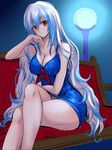  adapted_costume alternate_costume arm_support bare_arms bare_legs blue_hair breasts cleavage colorized couch crossed_legs dress head_tilt hijikawa_arashi image_sample kamishirasawa_keine large_breasts legs light long_hair long_legs looking_at_viewer multicolored_hair parted_lips red_eyes silver_hair sitting sketch sleeveless solo taut_clothes taut_dress thighs touhou twitter_sample very_long_hair 