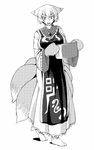  animal_ears breasts dress fox_ears fox_tail gloves greyscale huge_breasts kitsune kyuubi looking_at_viewer mittens monochrome multiple_tails no_hat no_headwear open_mouth pot solo tabard tail touhou white_dress wide_sleeves yakumo_ran zawa_(zawzawranran2) 