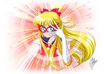  aino_minako bishoujo_senshi_sailor_moon blonde_hair blue_eyes blue_sailor_collar bow choker crescent elbow_gloves facial_mark forehead_mark gloves hair_bow half_updo long_hair looking_at_viewer magical_girl marco_albiero mask red_bow sailor_collar sailor_senshi_uniform sailor_v shoulder_pads signature smile solo upper_body white_gloves 