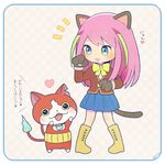  animal_ears aqua_eyes artist_name ayu_(mog) bad_id bad_pixiv_id blue_skirt blush boots cat cat_ears cat_paws cat_tail check_translation commentary_request crossover fangs fire full_body gloves haramaki hashimoto_nyaa heart jibanyan long_hair multiple_tails notched_ear open_mouth osomatsu-san paw_gloves paws pigeon-toed pink_hair pleated_skirt revision skirt spoken_heart standing tail tail-tip_fire translation_request two_tails youkai youkai_watch 