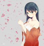  artist_name bare_shoulders black_hair blush breasts cleavage collarbone dress green_eyes grey_background head_tilt highres houshou_(kantai_collection) japanese_clothes kantai_collection kimono large_breasts long_hair long_sleeves off_shoulder open_clothes open_kimono own_hands_together petals rose_petals signature simple_background solo strapless strapless_dress tareme tebi_(tbd11) upper_body white_dress 