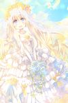  bad_id bad_pixiv_id blonde_hair bouquet dress flower flower_wreath head_wreath jewelry necklace original pearl_necklace sky solo twintails wedding_dress yamadori_yoshitomo 