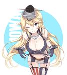  47_(479992103) bare_shoulders belt belt_buckle blonde_hair blue_eyes breasts buckle character_name elbow_gloves fingerless_gloves garter_straps gloves headgear highres iowa_(kantai_collection) kantai_collection large_breasts long_hair looking_at_viewer mismatched_legwear navel one_eye_closed skirt smile solo star star-shaped_pupils striped striped_legwear symbol-shaped_pupils thighhighs vertical-striped_legwear vertical-striped_skirt vertical_stripes 