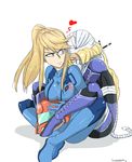  2girls artist_name blonde_hair blue_eyes breasts collarbone eyes_closed female heart helmet leg_wrap long_hair looking_back metroid multiple_girls nintendo ponytail samus_aran sheik simple_background super_smash_bros. the_legend_of_zelda the_legend_of_zelda:_ocarina_of_time yuri zero_suit zeromomentai 