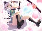  ascot ass black_legwear cherry_blossoms dual_wielding green_eyes hair_ribbon holding katana kneehighs konpaku_youmu konpaku_youmu_(ghost) light_trail looking_at_viewer miniskirt noe_noel panties pantyshot petals ribbon shirt shoe_soles shoes short_hair silver_hair skirt skirt_set solo sword touhou underwear upskirt vest weapon white_panties 