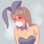  animal_ears blush bow bowtie brown_hair bunny_ears bunnysuit detached_collar face_mask fukusuke_hachi-gou long_hair mask md5_mismatch original red_eyes sick solo surgical_mask thermometer 