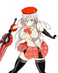  alisa_ilinichina_amiella black_footwear black_legwear blue_eyes blush boots breasts cabbie_hat elbow_gloves fingerless_gloves gloves god_eater god_eater_2:_rage_burst hat highres holding holding_weapon huge_weapon large_breasts long_hair looking_at_viewer navel open_mouth plaid pokaan_(aserazu_netamazu) silver_hair simple_background skirt solo suspender_skirt suspenders sword thigh_boots thighhighs weapon white_background zettai_ryouiki 