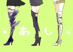  armor belt black_footwear black_legwear boots brynhildr_(fate) fate/extra fate/extra_ccc fate/grand_order fate/prototype fate/prototype:_fragments_of_blue_and_silver fate_(series) feather_trim greaves green_background high_heel_boots high_heels mash_kyrielight multiple_girls nero_claudius_(bride)_(fate) nero_claudius_(fate)_(all) paw_print simple_background skirt thigh_boots thighhighs translated white_footwear white_legwear wow_(wose219) zipper 