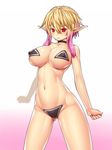  asamura_hiori blonde_hair blush breasts choker euclita_(pso2) gradient gradient_background gradient_hair highres large_breasts long_hair multicolored_hair navel pasties phantasy_star phantasy_star_online_2 pink_hair pointy_ears red_eyes simple_background solo two-tone_hair 