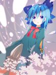  alternate_costume bad_id bad_twitter_id blue_eyes blue_hair cirno dress dutch_angle gradient gradient_background hair_ribbon highres ice ice_wings long_sleeves looking_at_viewer open_mouth ribbon short_hair solo touhou varyu wide_sleeves wings 