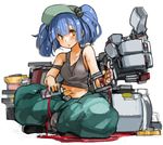  bare_arms bare_shoulders blue_hair blush full_body hair_bobbles hair_ornament hat kawashiro_nitori looking_at_viewer midriff navel pants sachito simple_background sitting sleeveless solo tank_top touhou two_side_up white_background 
