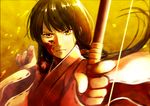 aiming_at_viewer angry bad_id bad_pixiv_id bangs black_hair blood blood_on_face blunt_bangs blurry bow_(weapon) closed_mouth depth_of_field floating_hair frown hair_ornament holding holding_weapon ichi_1111_wan inuyasha japanese_clothes kikyou_(inuyasha) long_hair long_sleeves looking_at_viewer low_ponytail messy_hair miko outstretched_arm revision ribbon_trim solo upper_body weapon wide_sleeves wind yellow_background 