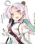  ahoge akitsushima_(kantai_collection) artist_name blush breast_grab breasts buttons commentary_request covered_nipples earrings gloves grabbing grabbing_from_behind groping hair_ornament hair_ribbon hat jacket jewelry kantai_collection large_breasts lavender_eyes lavender_hair long_hair long_sleeves military military_uniform mini_hat open_mouth ribbon side_ponytail sideboob sidelocks simple_background solo_focus translated uniform white_background white_gloves yuzuki_gao 