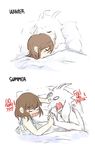  1other 2koma androgynous asriel_dreemurr blush brown_hair caribun closed_eyes comic cuddling english frisk_(undertale) highres horns md5_mismatch monster_boy o_o older pillow pushing_away shirtless shocked_eyes simple_background spoilers stitched striped surprised sweat sweating_profusely tank_top third-party_edit under_covers undertale upper_body what_if white_background wince 