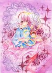  dated flower hairband heart komeiji_satori long_sleeves mosho pink_eyes pink_flower pink_hair pink_rose pink_skirt rose shirt signature skirt solo third_eye touhou traditional_media wide_sleeves 