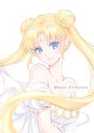  absurdres bare_shoulders bishoujo_senshi_sailor_moon blonde_hair blue_eyes collarbone crescent double_bun dress facial_mark forehead_mark hair_ornament hairpin highres long_hair looking_at_viewer misaki_krokodi princess_serenity smile solo strapless strapless_dress tsukino_usagi twintails upper_body white_background white_dress 