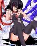  adapted_costume alternate_wings asymmetrical_wings black_dress black_hair black_legwear bow bowtie breasts cleavage covering_one_eye dress dripping grin houjuu_nue long_hair looking_at_viewer medium_breasts melting nyasaku pointy_ears polearm red_eyes sitting sleeveless sleeveless_dress slit_pupils smile snake solo thighhighs touhou weapon wings 