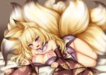  :d animal_ears bare_shoulders blonde_hair blush breasts detached_collar eyebrows eyebrows_visible_through_hair floral_print fox_ears fox_shadow_puppet fox_tail highres japanese_clothes kayou_(sennen_sensou_aigis) large_breasts long_hair looking_at_viewer minaha_(playjoe2005) mole mole_on_breast multiple_tails no_panties ofuda open_mouth purple_eyes sennen_sensou_aigis smile solo tail 