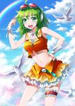  :d ahoge animal armpits bare_shoulders beak belt bird blue_sky brooch buckle cloud contrapposto crop_top day detached_collar finger_to_head frills gem goggles goggles_on_head green_eyes green_hair gumi hand_on_hip hand_up headphones headset highres jewelry layered_skirt midriff miniskirt myungsoo_lim navel open_mouth orange_shirt orange_skirt orange_vest outdoors rainbow shiny shiny_skin shirt short_hair skirt sky sleeveless smile solo spread_wings standing stomach talons teeth thigh_strap tsurime vest vocaloid white_feathers wings wrist_cuffs 