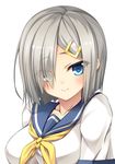  blue_eyes blush breasts collarbone commentary_request eyes_visible_through_hair hair_ornament hair_over_one_eye hairclip hamakaze_(kantai_collection) kantai_collection large_breasts looking_at_viewer moeki_yuuta neckerchief school_uniform serafuku short_hair silver_hair simple_background smile solo white_background yellow_neckwear 