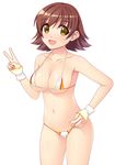  :d arm_warmers bikini breasts brown_eyes brown_hair cleavage collarbone detached_sleeves eyebrows eyebrows_visible_through_hair fingernails hand_gesture hand_under_clothes hand_under_swimsuit highres honda_mio idolmaster idolmaster_cinderella_girls large_breasts looking_at_viewer micro_bikini midriff multicolored multicolored_bikini multicolored_clothes navel open_mouth shiny shiny_skin short_hair simple_background skindentation smile solo standing stomach swimsuit totokichi v white_background 