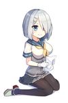  black_legwear blue_eyes breasts buttons eyes_visible_through_hair full_body ginon_(sjyh3466) gloves grey_skirt hair_ornament hair_over_one_eye hairclip hamakaze_(kantai_collection) highres holding holding_paper kantai_collection large_breasts looking_at_viewer md5_mismatch neckerchief pantyhose paper pleated_skirt school_uniform serafuku shoes short_hair short_sleeves silver_hair simple_background sitting skirt smile solo wariza white_background white_gloves yellow_neckwear 