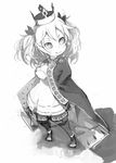  cape child crown frederick_ii genderswap genderswap_(mtf) greyscale hair_ornament looking_to_the_side monochrome shadow short_hair simple_background smile solo standing white_background yunar 