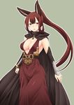  animal_ears belt blush bracelet breasts brooch brown_eyes cape cleavage detached_sleeves dress erune granblue_fantasy highres jewelry large_breasts long_hair mole mole_under_eye open_mouth ponytail red_dress red_hair selfira simple_background solo very_long_hair zin_(goraku_hiroba) 