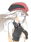  alisa_ilinichina_amiella blue_eyes breasts cabbie_hat elbow_gloves fingerless_gloves gloves god_eater hat long_hair looking_at_viewer medium_breasts silver_hair simple_background solo upper_body white_background yunar 