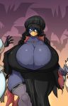  2016 5_fingers anthro avian beak big_breasts bird black_hair blue_eyes blue_feathers breasts busty_bird cleavage clothed clothing dress feathers female fingers fully_clothed ghost group hair halloween hand_on_hip hi_res holidays huge_breasts hyper hyper_breasts jaeh legwear long_hair looking_at_viewer nipple_bulge smile spirit stockings thick_thighs thigh_highs unknown_species voluptuous wide_hips 