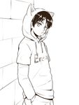  bubble character_name child eren_yeager hood hoodie male_focus monochrome moxue_qianxi pants shingeki_no_kyojin shirt solo standing wall 