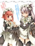  1girl alternate_costume apron blush brother_and_sister crossdressing enmaided fire_emblem fire_emblem_if grey_hair long_hair maid maid_apron maid_headdress momosemocha open_mouth orange_eyes pink_hair ponytail red_eyes sakura_(fire_emblem_if) siblings simple_background takumi_(fire_emblem_if) thighhighs translated white_background 