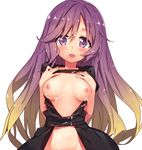  black_dress blonde_hair breasts bukkake cum dress gradient_hair hands_on_own_chest hijiri_byakuren long_hair looking_at_viewer medium_breasts multicolored_hair navel nipples no_bra no_panties open_clothes open_dress open_mouth out-of-frame_censoring purple_eyes purple_hair sash sawayaka_samehada smile solo touhou very_long_hair 