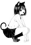  :o animal_ears attsun_(atsushi_jb) between_legs blush buttons cat_ears cat_tail collared_shirt dress_shirt fang fingernails from_side full_body greyscale hand_between_legs head_tilt highres kneehighs legs_apart loafers long_fingernails looking_at_viewer looking_to_the_side monochrome nail_polish open_mouth original pleated_skirt shirt shoes short_hair simple_background skirt solo squatting tail tooth white_background 