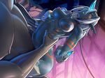 1girl amputee blue blue_skin breasts clenched_teeth collar defeated demon eyes_closed forced golem gran_(taimanin_asagi) horn large_breasts leash mikoyan monster monster_girl nipples pointy_ears rape sex silver_hair taimanin_asagi taimanin_asagi_battle_arena toned warrior 