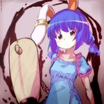 animal_ears blue_dress blue_hair braid bunny_ears commentary_request dress ear_ornament kine long_hair puffy_short_sleeves puffy_sleeves red_eyes seiran_(touhou) short_sleeves solo suama_unagi touhou 