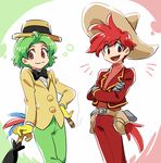  bird_tail brazil brazilian brown_eyes cigar crossed_arms disney gloves green_hair grey_gloves hat holster jose_carioca male_focus mexican mexico multiple_boys panchito_pistoles personification red_hair smile sombrero the_three_caballeros tomatok0 umbrella yellow_gloves 