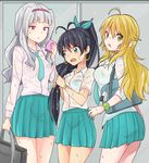  bag black_hair blonde_hair blue_eyes earrings ganaha_hibiki green_eyes hairband highres hoshii_miki idolmaster idolmaster_(classic) jewelry long_hair multiple_girls necktie ponytail roku_kyuu shijou_takane silver_hair 