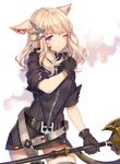  animal_ears belt black_dress black_gloves black_legwear blonde_hair cat_ears cowboy_shot dress facial_mark final_fantasy final_fantasy_xiv gloves hair_ornament long_hair miqo'te momoko_(momopoco) multiple_belts one_eye_closed pink_eyes polearm smile solo thighhighs thighs weapon zettai_ryouiki 