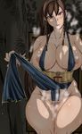  1girl alternate_costume alternate_hairstyle areolae artist_request black_dress blush breasts brown_hair china_dress chinese_clothes chun-li cleavage curvy dress dress_lift elizabeth_(ren0522) huge_breasts large_breasts long_hair looking_at_viewer nipples parted_lips red_eyes sitting solo steam street_fighter street_fighter_v sunlight thick_thighs wide_hips 