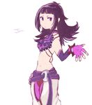  1girl bare_shoulders breasts buua capcom fingerless_gloves gloves hair_down han_juri long_hair makeup purple_eyes simple_background solo street_fighter street_fighter_iv 