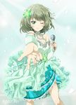  aqua_dress arm_warmers armlet bad_id bad_pixiv_id bare_shoulders brown_hair confetti delf dress flower foreshortening frills green_eyes hair_flower hair_ornament highres holding holding_microphone idolmaster idolmaster_cinderella_girls idolmaster_cinderella_girls_starlight_stage jewelry looking_at_viewer microphone mole mole_under_eye necklace one_eye_closed outstretched_hand short_hair smile solo standing takagaki_kaede twitter_username 