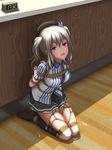  :d after_sex blue_eyes blush bound breasts clock cum cum_in_mouth cum_on_body cum_on_clothes cum_on_floor cum_on_lower_body facial highres indoors kantai_collection kashima_(kantai_collection) kneeling looking_up medium_breasts open_mouth shibari silver_hair smile socks solo tokinohimitsu twintails 