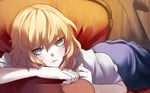  alice_margatroid bangs blonde_hair blue_hair brown_legwear closed_mouth couch eredhen highres looking_at_viewer lying no_headwear no_shoes on_stomach puffy_sleeves shirt short_hair short_sleeves skirt solo touhou 