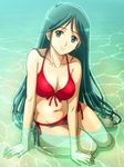  arm_support barefoot bikini breasts choudenji_robo_combattler_v cleavage front-tie_top fujii_satoshi green_eyes green_hair long_hair medium_breasts nanbara_chizuru navel partially_submerged red_bikini side-tie_bikini smile solo swimsuit water 