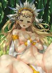  blonde_hair blush breasts brown_eyes covering covering_breasts granblue_fantasy large_breasts long_hair open_mouth petra_(granblue_fantasy) solo spread_legs suzuame_yatsumi topless 