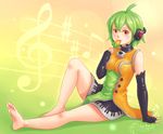  1girl ahoge arm_support bare_shoulders barefoot breasts dress eating feet fingerless_gloves fl-chan fl_studio full_body gloves green_hair headset looking_at_viewer medium_breasts short_hair sitting smile solo 